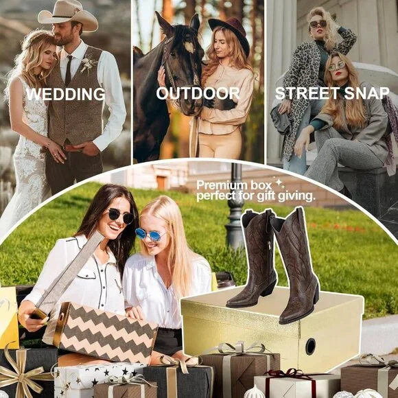 Women Brown Wide Calf Rhinestones Pointed Toe Chunky Heel Embroidered Boots - Picture 6 of 8